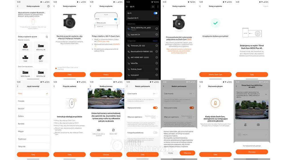 połączenie z aplikacją mobilną 70mai m310 4k
